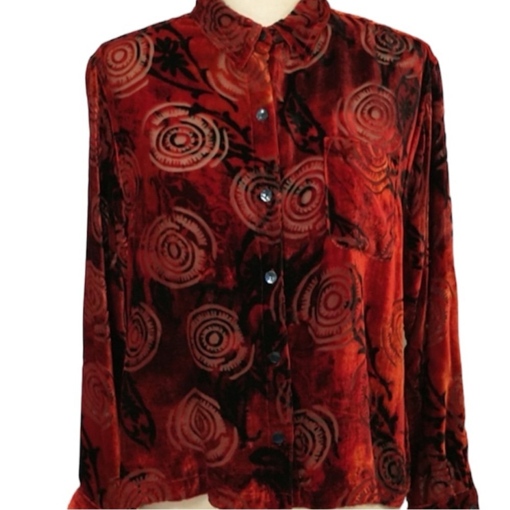 Chico's slik blend burgundy red burn out velvet blouse size 2 gothic Fariy